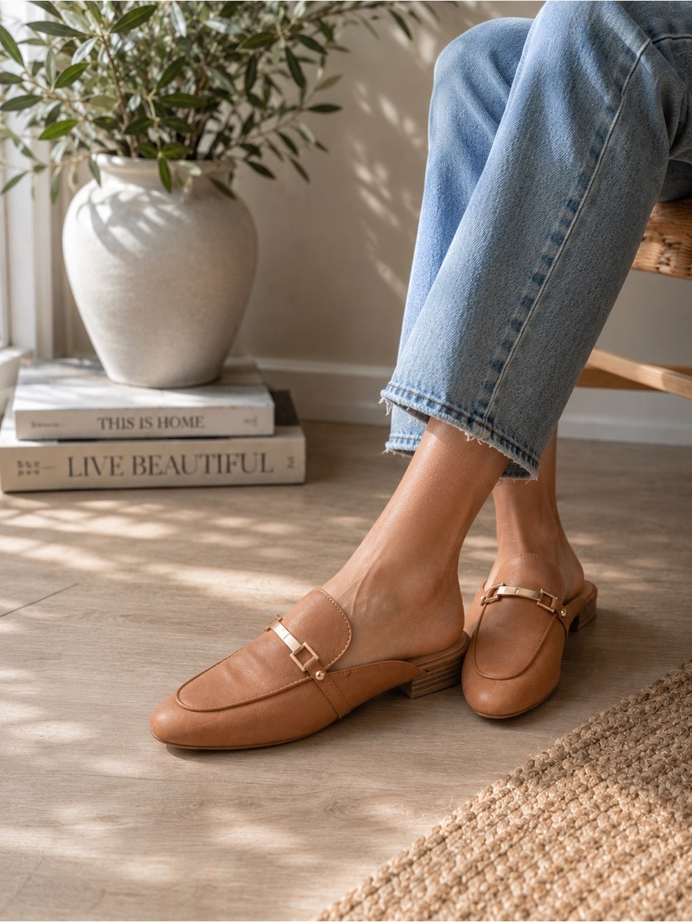Luca Ferri Tan Loafer Mules Gold Bit Slip-On Shoes Size 10